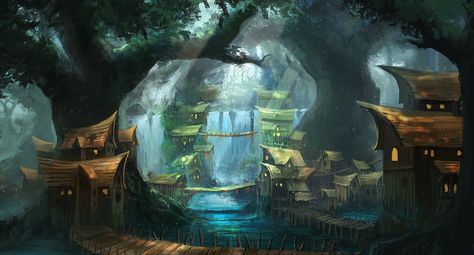 Village Name Ideas, Village In The Woods, Village Concept Art, Forest Village, Fantasy Village, Fantasy Tree, Fantasy Magic, Location Inspiration, Fantasy City