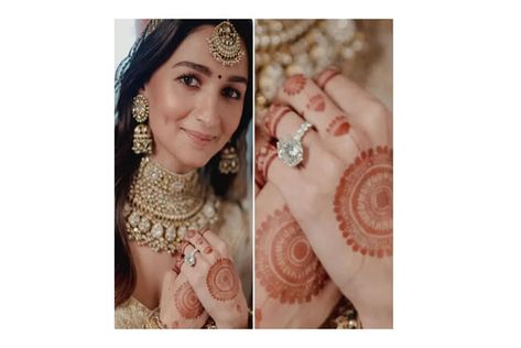 Alia Bhatt Wedding Ring, Alia Bhatt Ring, Alia Bhatt Wedding Mehndi Design, Alia Bhatt Mehendi Design, Actress Wedding, Full Mehndi, Hexagon Diamond Ring, Sabyasachi Mukherjee, Background Pics