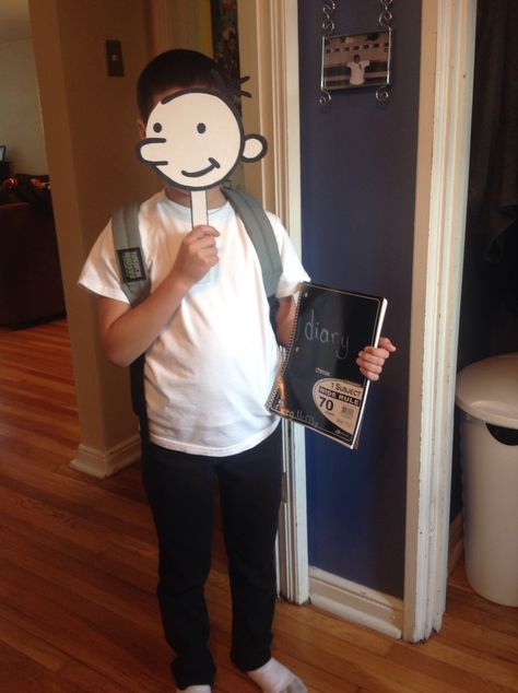 Best homemade Greg Heffley costume. Favorite book character day Boy Book Character Costumes Diy, Favorite Book Character Day Kids, Character Book Costumes For Kids, Dress Up As Your Favorite Book Character, School Friendly Halloween Costumes, Greg Heffley Costume, Favorite Character Day Spirit Week, Book Character Costumes For Boys, Boys Book Character Costumes