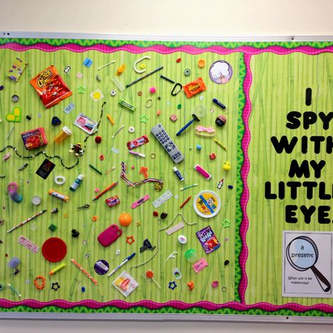 I've done this bulletin board every year, and the kids (and adults) love it! I send out a letter to the parents asking for random items, and this is what I got this year:) The item to search for changes every day. November Bulletin Boards, Interactive Bulletin Boards, Bored Teachers, Library Bulletin Boards, Preschool Bulletin, Preschool Bulletin Boards, School Displays, Bulletin Board Display, Classroom Bulletin Boards