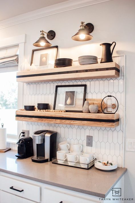 Smart Home Lighting - Taryn Whiteaker Kitchen Shelves Styling, Kitchen Shelf Styling, Kitchen Floating Shelves, Kitchen Shelf Decor, Floating Shelves Kitchen, Home Coffee Bar, Open Kitchen Shelves, Coffee Bar Home, Shelf Styling