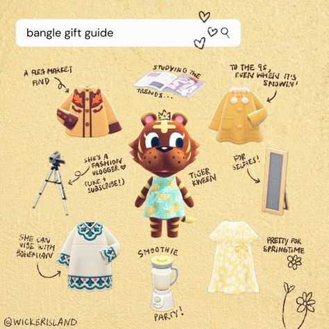 Bangle Animal Crossing, Acnh Villager Gift Guide, Acnh Characters, Smoothie Party, Acnh Idea, Acnh Villagers, Acnh Inspiration, Cozy Gaming, Animal Crossing Characters