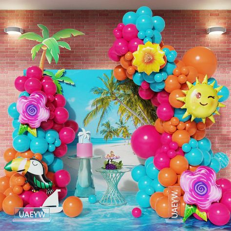 PRICES MAY VARY. 【What You Will Get】:46pcs hot pink balloons,46pcs orange balloons,45cs blue balloons,5pcs tropical foil balloons (sun,hibiscus,toucan,flower),1pcs balloon arch strip tape,1 roll of 100 dot glue. 【Premium Materials】:Our tropical birthday party balloons are made of natural latex, non-toxic. All materials are of high quality and good safety. Please be careful not to overinflate the balloons,or they will be pop and burst easily. 【Wide Application】:The tropical luau balloon garland a Summer Party Balloons, Luau Balloon Arch, Tropical Balloon Arch, Summer Birthday Party Decorations, Tropical Birthday Party, Orange Balloons, Hawaiian Decor, Summer Party Decorations, Twin First Birthday