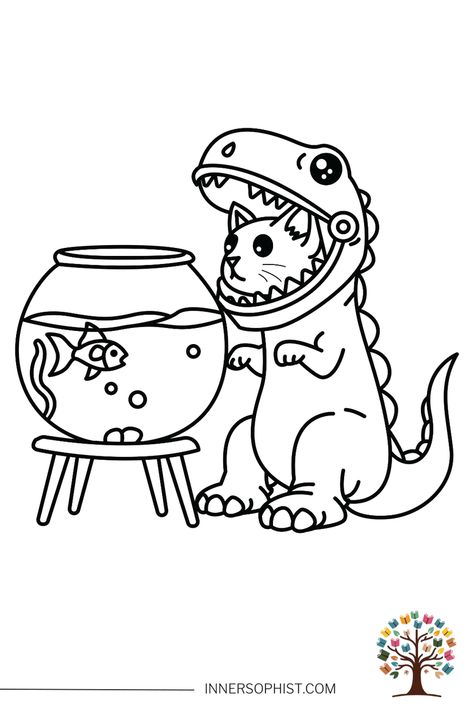 T-Rex Dinosaur Costume Cat - Coloring Page Cute Dinosaur Coloring Pages, Cute Dino Coloring Pages, T Rex Coloring Pages Free Printable, Dinosaur Halloween Coloring Page, Dinosaur Mandala Coloring Pages, The Good Dinosaur Coloring Pages, Dinosaur Halloween, Dinosaur Costume, Dinosaur Coloring Pages