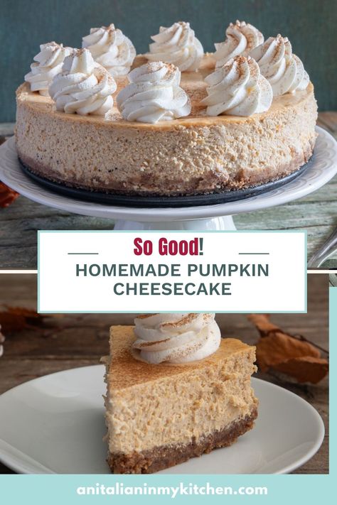 This homemade pumpkin cheesecake is made with a rich and creamy pumpkin filling full of warm spices atop a graham cracker crust. It’s perfect for fall and garnished with soft maple whipped cream. Fall Cheesecake Recipes, Best Pumpkin Cheesecake Recipe, Fall Cheesecake, Maple Whipped Cream, Easy Homemade Cookies, Pumpkin Filling, Easy Ice Cream Cake, Easy No Bake Cheesecake, Pumpkin Pie Cheesecake