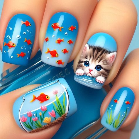 #kitten  #nails   #cute  #summer_nails Short Kitten Nails, Paw Print Nails, Cat Nail Designs, Paw Nails, Blue Gel Nails, How To Make Drawing, Cat Nails, Pretty Nail Art Designs, Party Nails