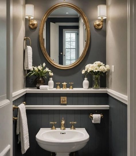 Half Bathroom Ideas With Pedestal Sink, Half Bathroom Ideas, Bathroom Basement, Bath Inspiration, Nautical Bathrooms, Pedestal Sink, Bathroom Outdoor, Ranch Style Home, Half Bathroom