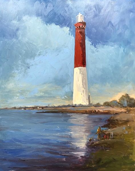 Artist Robert Waltsak, Old Barney, Oil Painting, Barnegat Lighthouse, NJ ~ 30 x 24 Lighthouse Oil Painting, Lighthouse Acrylic Painting, Art Exercises, Barnegat Lighthouse, Painting Board, Painting Landscapes, Oil Painting Nature, Lighthouse Painting, Boat Pictures