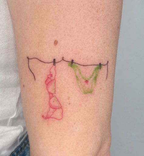 Fine Line Figure Tattoo, Clothes Tattoo, Clothespin Tattoo, Laundry Tattoo, Dress Form Tattoo, Lingerie Tattoo, Colorful Patchwork Tattoos, Laundry Line Tattoo, Clothing Line Tattoo