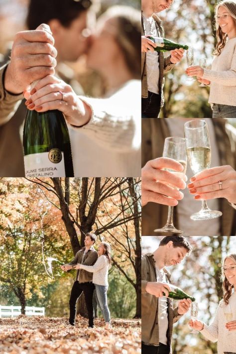 Engagement Announcement Champagne, Engagement Champagne Bottle Photos, Engagement Photos With Champagne Bottle, Champagne Popping Engagement Pictures, Fun Engagement Photos Champagne, Engagement Photoshoot Champagne, Fall Engagement Pictures Champagne, Engagement Photo Champagne, Popping Champagne Pictures