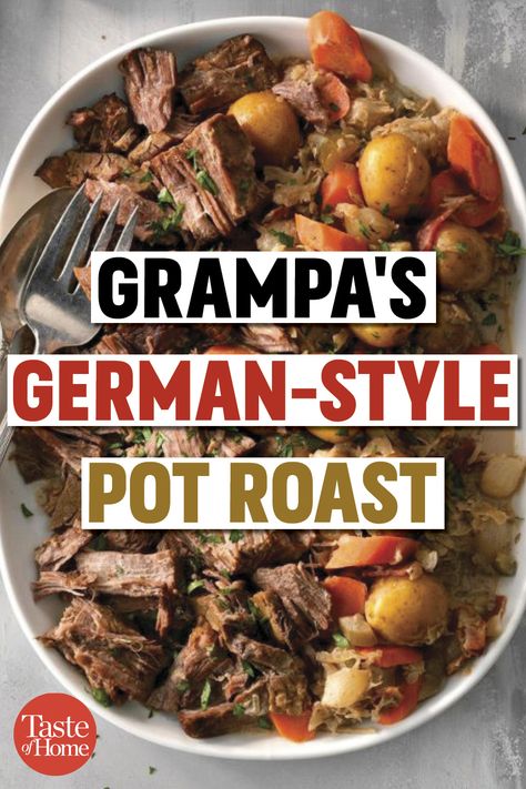 German Style Pot Roast, Pork Roast And Sour Kraut Crock Pot Recipes, Bavarian Pot Roast, German Pot Roast Slow Cooker, German Food Recipes Dinners, Ineskohl Kitchen Recipes, German Crockpot Recipes, German Meals Traditional, German Dishes Traditional