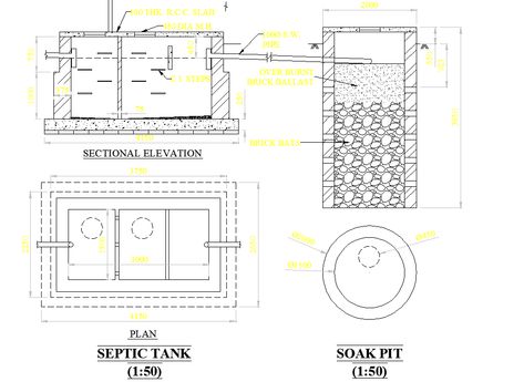 Septic tank plan dwg file. find here septic tank layout plan, soak pit, and sectional elevation design in autocad format. Septic Tank Plan And Section, Septic Tank Design Drawing, Septic Tank Landscaping, Plumbing Layout Plan, Septic Tank Size, Concrete Septic Tank, Sectional Elevation, Fossa Séptica, Septic Tank Design