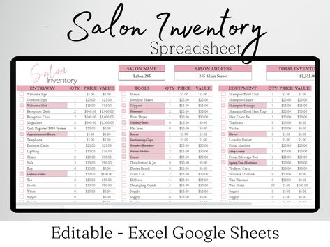 Salon Inventory Template, Salon Inventory Tracker Log, Beauty Salon Setup Checklist, Nail Salon Hair Salon Templates Google Sheet Supplies Salon Budget Sheet, Nail Salon Inventory List, Beauty Salon Essentials, Lash Tech Inventory, Hairstylist Inventory List, Nail Salon Checklist, Hair Salon Checklist, Salon Suite Essentials, Salon Inventory Sheet