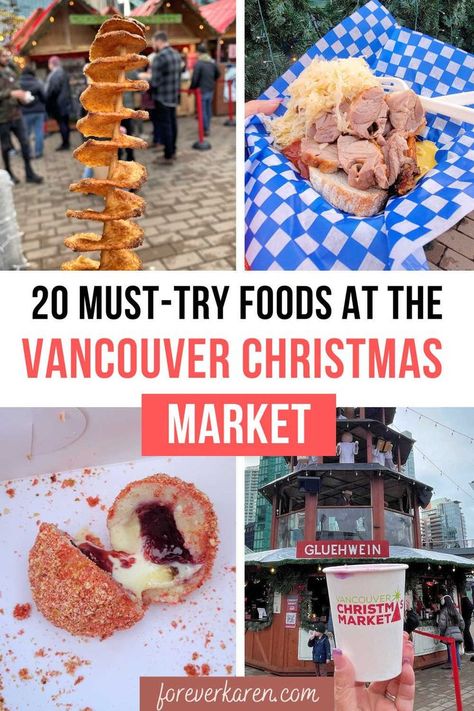 The Vancouver Christmas Market is modeled on the old-world charming ones in Germany. With wooden huts and Glühwein or Bavarian beer, here are 20 foods to try at the event at Jack Poole Plaza in downtown Vancouver. Vancouver Christmas Market, Vancouver Christmas, Chimney Cakes, Vancouver Winter, Chimney Cake, German Foods, Winter Market, Wooden Hut, Foods To Try