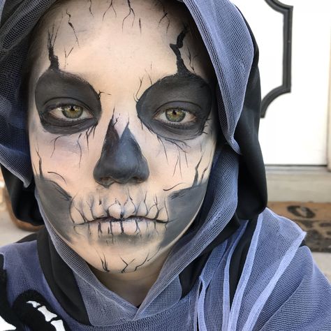 Grim Reaper face paint. Halloween face paint for little boys. #halloween #halloweenmakeup #kids #kidshalloween #facepaint #halloweenfacepaint #art #artist Reaper Face Paint, Grim Reaper Face Paint, Reaper Makeup, Halloween Makeup Boys, Halloween Makeup Women, Grim Reaper Makeup, Halloween Makeup Kids, Halloween Makeup Men, Face Makeup Halloween