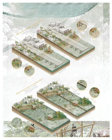 Isometric Landscape, Urban Mapping, Landscape Architecture Diagram, Ubon Ratchathani, Water Architecture, Presentation Board Design, Concept Models Architecture, Architecture Presentation Board, Architecture Panel