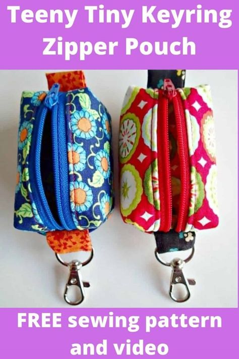 Teeny Tiny Keyring Zipper Pouch FREE sewing pattern & video. Here is a great FREE pattern and video. You can learn how to sew a cute Teeny Tiny Zipper Pouch to go on your key ring or clip on your bag. Just enough to carry a lip balm, a little money, etc. Sometimes you don't need a bag. Just something small enough to take a lip balm and a few notes and coins. Just a tiny amount of fabric is used, so it's a great scrap buster project. Zipper Pouch Pattern, Diy Stocking Stuffers, Diy Stockings, Sewing Bags, Zipper Pouches, Beginner Sewing Projects Easy, Sewing Purses, Pouch Pattern, Sewing Projects For Beginners