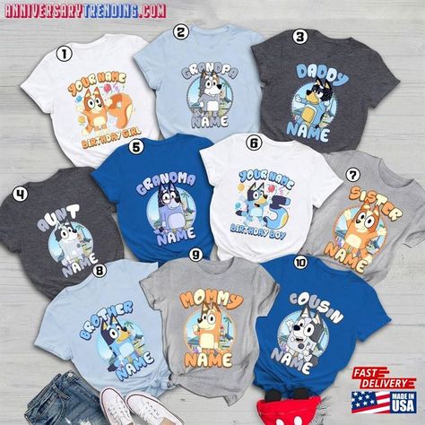 Personalized Bluey Bingo Birthday Shirt Boy And Girl Family T-Shirt Classic Check more at https://anniversarytrending.com/product/personalized-bluey-bingo-birthday-shirt-boy-and-girl-family-t-shirt-classic/ Bluey Y Bingo, Bingo Birthday, 6th Birthday Girls, Aunt Birthday, Bluey Bingo, Sister Birthday, Boy And Girl, Boy Names, Birthday Shirt