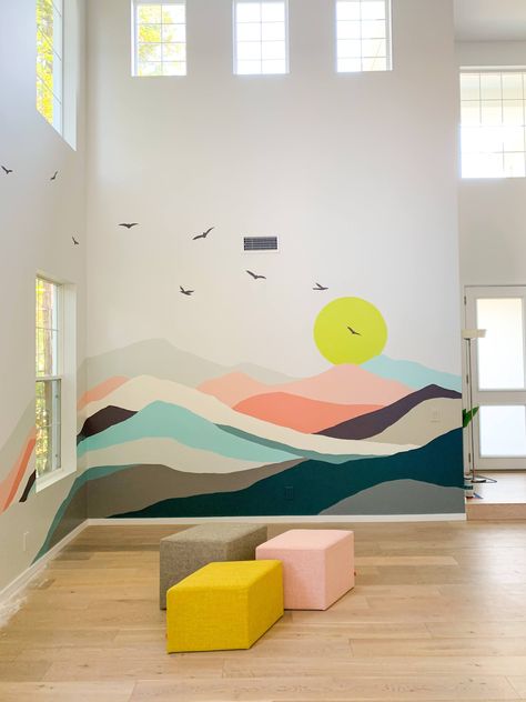 Landscape Mural Ideas, Landscape Mural Painting, Diy Mural Wall Paintings, Colorful Mural Wall, Playroom Mural Ideas, Mural Painting Ideas, Diy Wall Mural Ideas, Loving Wallpaper, Colorful Wall Painting