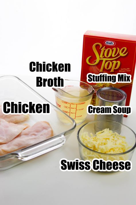 Chicken Bake With Stuffing, Throw Together Dinner, Baked Boneless Skinless Chicken Breast, Boxed Stuffing, Swiss Cheese Recipes, Swiss Chicken Bake, Stove Top Chicken Breast, Baked Boneless Chicken Breast, Creamy Chicken Dinner