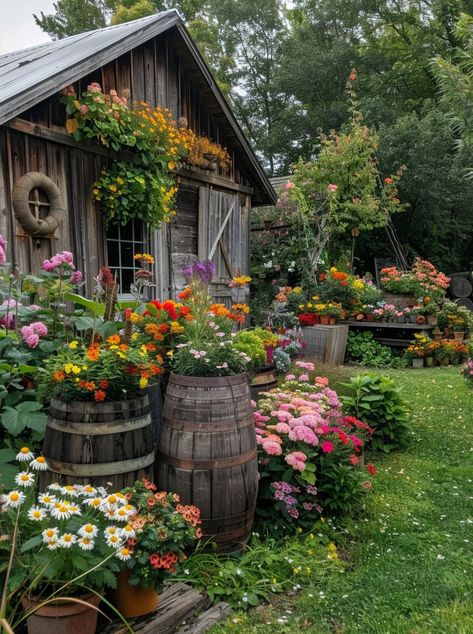 Wooden Barrels, Hidden Movie, Country Rose, Casa Country, Backyard Greenhouse, Cottage Garden Design, Special Force, Backyard Sheds, Backyard Diy Projects