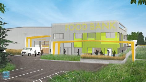 Food Bank Facility Renovation Design Continues — [au]workshop: Architects + Urbanists Bank Architecture Design, Bank Architecture, Warehouse Building, Used Shipping Containers, Bank Design, Office Plan, Steel Canopy, Renovation Design, Food Bank