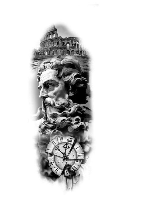 Tato Jam, Greek God Tattoo, Roman Tattoo, Poseidon Tattoo, Zeus Tattoo, Clock Ideas, Statue Tattoo, Greek Mythology Tattoos, God Tattoos