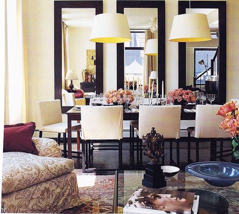 Three mirrors on dining room wall. Model Home Decorating, Large Mirrors, Mirror Wall Living Room, Luxurious Interior, Mirror Design Wall, Living Room Mirrors, The Dining Room, Dining Room Walls, Ideas For