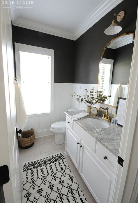 Black And White Bathroom Board And Batten, Happy Bathroom Ideas, Modern Board And Batten Bathroom, Small Hall Bathroom Ideas, Small Hall Bathroom, Downstairs Bathroom Ideas, Black Bathroom Ideas, Twist Ideas, Bathroom Projects