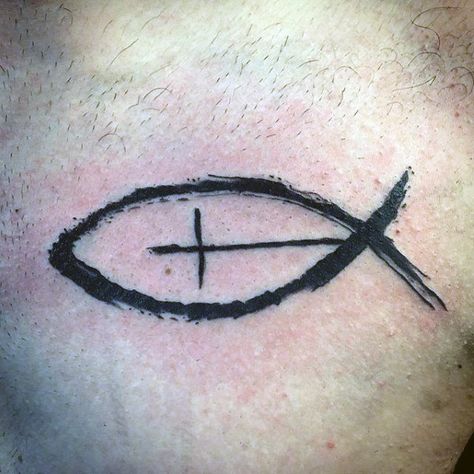 Guys Ichthus Tattoo Design Ideas Paint Brush Stroke On Chest Christian Shield Tattoos For Men, Ichthus Tattoo, Symbolic Tattoos For Men, Christian Fish Tattoos, Fish Tattoo Meaning, Tato Maori, Small Symbol Tattoos, Fish Symbol, Faith Tattoo