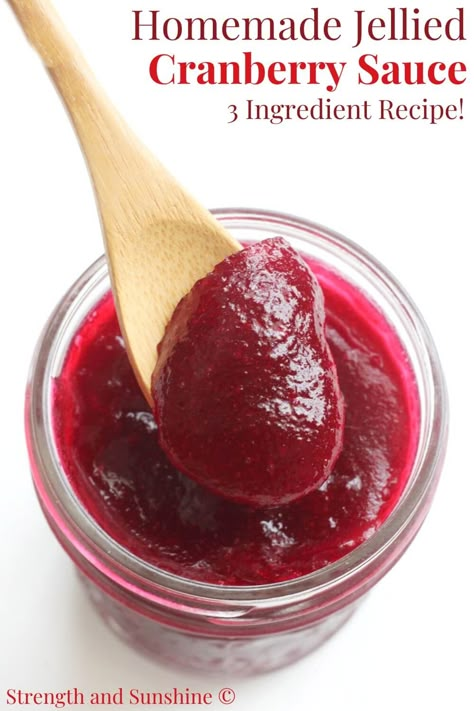 Jellied Cranberry Sauce Recipe | Strength and Sunshine | The easiest way to make Jellied Cranberry Sauce from scratch! This 3-ingredient homemade jelly cranberry sauce is thickened and made to gel naturally with no pectin, gelatin, agar, or extra ingredients! A Thanksgiving and winter holiday staple you can whip up in minutes, customize with flavors, and make sugar-free and so much healthier than anything you can buy in a can! Jelly Cranberry Sauce Recipes, Sugar Free Cranberry Sauce, 2023 Thanksgiving, Thanksgiving Favorites, Canned Cranberries, Cranberry Jelly, Jellied Cranberry Sauce, Canned Cranberry Sauce, Homemade Cranberry Sauce