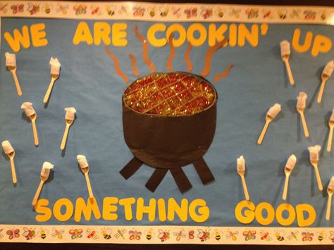 3D bulletin board with cookout theme 3d Bulletin Boards, Cookout Theme, Kitchen Bulletin Boards, Camping Bulletin Boards, Cafeteria Bulletin Boards, Nutrition Bulletin Boards, Cafeteria Decor, Fcs Classroom, Announcement Board