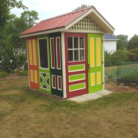 Gorgeous & Colorful shed made of ten recycled doors, discovered in yes, you guessed it: Door County, WI Greenhouses Ideas, Shed Colors, Diy Greenhouses, Recycled Door, Shed Kits, Building A Chicken Coop, Backyard Shed, Potting Sheds, Diy Greenhouse