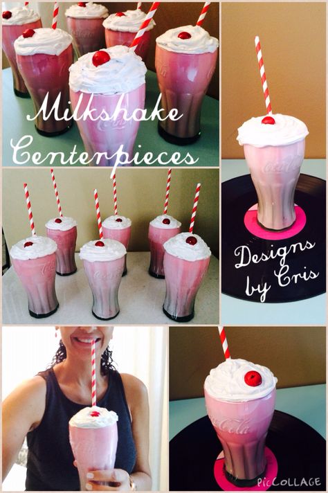 My faux Retro Milkshake Centerpieces!! Faux Milkshake Diy, Milkshake Centerpiece, Retro Milkshake, Fake Desserts, Faux Cupcakes, Fake Food Props, Sundae Bar, Milk Smoothie, Faux Food