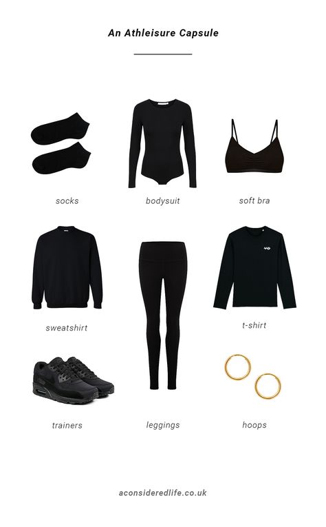 An Athleisure Capsule Wardrobe All Black Capsule Wardrobe, Plain Black Sweatshirt, Black Capsule Wardrobe, Postpartum Style, Capsule Clothing, Black Athleisure Outfits, Athleisure Capsule, Athleisure Capsule Wardrobe, All Black Nikes