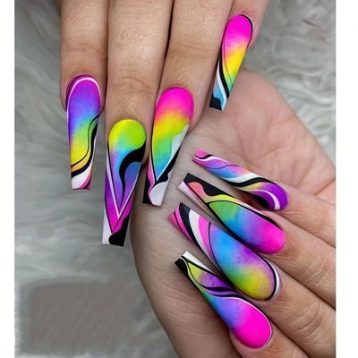 Ballerina Acrylic Nails, Neon Pastel, Colorful Nail Art, Colorful Nail, Coffin Press On Nails, Coffin Nails Long, Nail Swag, Rainbow Nails, Stick On Nails