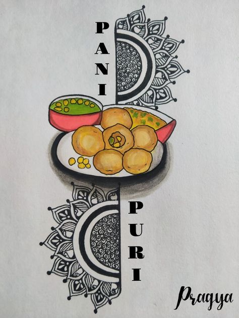 Brustro professional black pen and Doms water colour used for this mandala art work. #pinterest #pins #mandalaart #myartwork #food #panipuri #goodfood #goodmood Pani Puri Drawing, Pencil Drawing Images, Pen Art Work, Interesting Drawings, Easy Mandala Drawing, Pani Puri, Mandela Art, Mandala Art Therapy, Journal Books