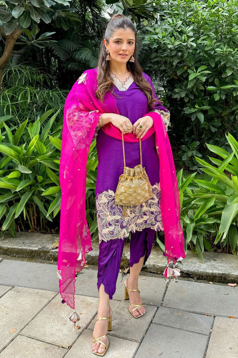 Purple embroidered kurta for women with dhoti style pant Pink Suits Women, Drape Sarees, Pink Dupatta, Ethnic Dresses, Red Kurta, Kurta Patterns, Dhoti Pants, Lehenga Skirt, Pink Suit