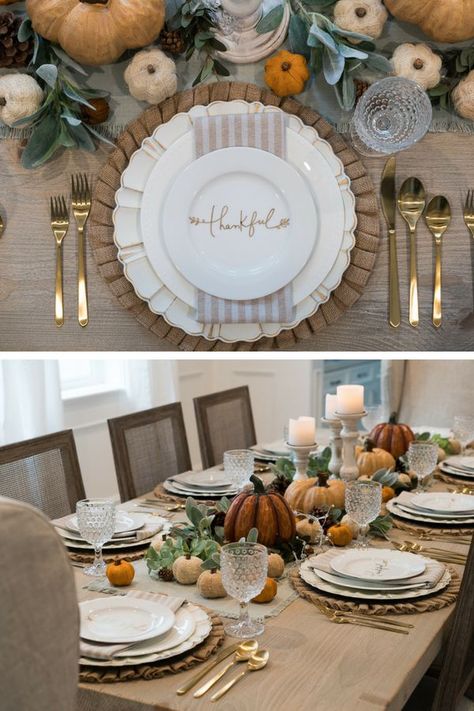 I wanted to create a beautiful table setting with warm tones.  I’m always looking for a reason to use gold flatware and Thanksgiving is the perfect excuse.  I’m really happy with the way this setting turned out with the burlap ruffled placemats, scalloped charger and delicate Thankful plate. Thanksgiving tablescape, fall home decoration. #dinningroom #thanksgiving #tablescape Angela Lanter Thanksgiving Decorations Table Setting, Tablescape Thanksgiving, Thanksgiving Dinner Table Setting, Thanksgiving Dinner Table Decorations, Angela Lanter, Thanksgiving Plates, Thanksgiving Dinner Table, Thanksgiving Tablescape, Gold Flatware