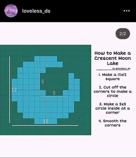 Minecraft Moon House Blueprint, Acnh Crescent Moon Lake, Moon Lake Animal Crossing, Minecraft Crescent Moon, Lake Minecraft Ideas, Acnh Lake Idea, Minecraft Pond Ideas, Acnh Tips, Minecraft Templates