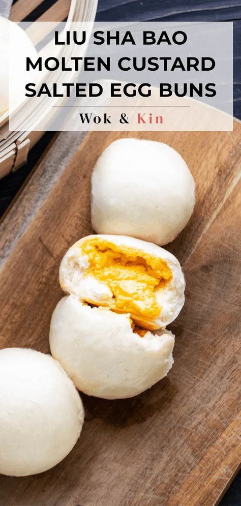 A homemade Liu Sha Bao is the perfect weekend treat! The wickedly runny salted yolk center is infused with custard powder for the most indulgent cozy dessert. Have them fresh out of the steamer or freeze them for later! #liushabao #saltedeggyolk #saltedeggyolkbuns #saltedyolkbuns #saltedeggbuns Liu Sha Bao, Chinese Buns, Bao Recipe, Steam Buns, Malaysian Recipes, Custard Buns, Salted Egg Yolk, Chinese Dessert, Custard Powder