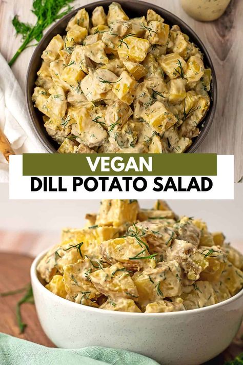 Tahini potato salad is easy to make, creamy and packed with flavor. This vegan dill potato salad is made with no mayo or dairy and is gluten free and Whole30 friendly. Perfect for cookouts, BBQ's, or weeknight meals. This recipe is great for meal prep too! Barbeque Potatoes, Dill Pickle Potato Salad Recipe, Dill Pickle Potato Salad, Pickle Potato Salad, Potato Salad Vegan, Dill Potato Salad, Dill Potato, Vegan Potato Salad, Food Potatoes