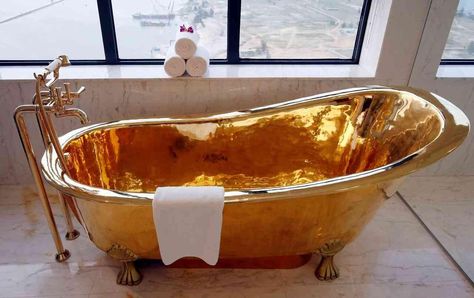 This Vietnamese hotel boasts a President Suite with a gold bathtub and sinks! - Gold Bathtub, Vintage Bathtub, Presidential Suite, Pet Resort, Penthouse Suite, Resort Design, Gold Kitchen, Gold Bathroom, Hotel Interior