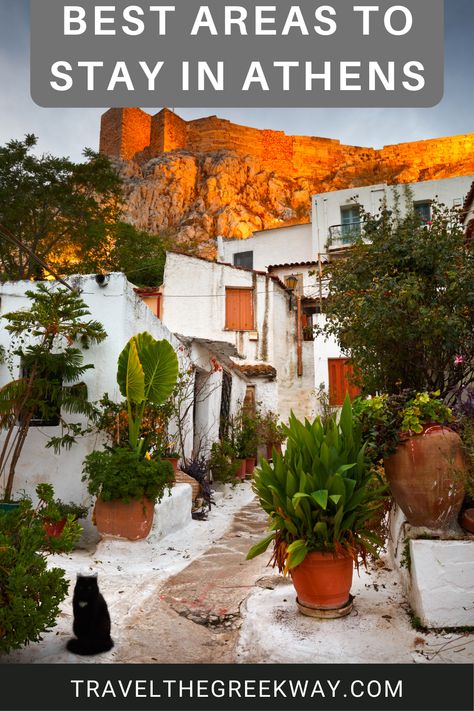 The whitewashed Anafiotika area in Plaka Acropolis Greece with a black cat. Best Places To Stay In Greece, Visiting Athens Greece, Places To Stay In Athens Greece, Where To Stay In Athens Greece, What To See In Athens Greece, Best Area To Stay In Athens, Athens Greece 3 Day Itinerary, Day Trips From Athens Greece, Greek Honeymoon