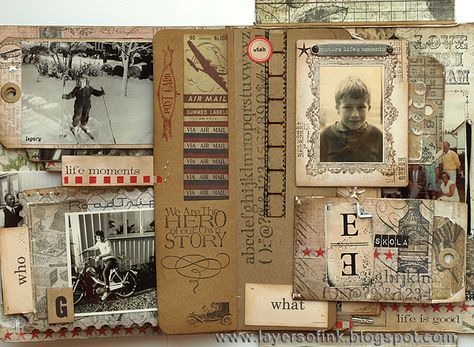 Tim Holtz Family Folio Tutorial, pg. 6 ~ Love the layered tags, pockets and flip pages...so many layers to embellish! Heritage Scrapbook Pages, Timmy Time, Heritage Scrapbooking, Album Scrapbook, Vintage Junk Journal, Mini Scrapbook, Mini Scrapbook Albums, Vintage Scrapbook, Handmade Journals