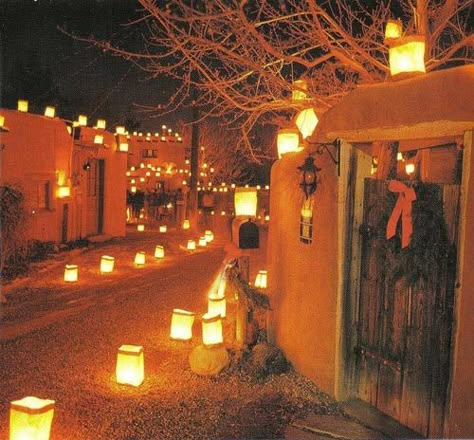 Taos Pueblo with luminarias, Christmas. Beautiful southwest décor. Stay at the Adobe & Pines B&B. Historical Taos property. #innforsale Taos New Mexico Aesthetic, Santa Fe Winter, Taos New Mexico Winter, Taos Pueblo New Mexico, Taos Ski Valley New Mexico, Earthships Taos New Mexico, Mexico Christmas, New Mexico Santa Fe, New Mexico Style