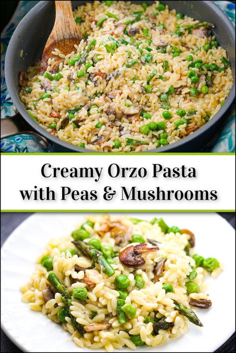 Orzo Peas Recipes, Creamy Mushroom Orzo, Orzo With Peas, Orzo Recipes Side, Peas And Carrots Recipe, Creamy Orzo Pasta, Peas And Mushrooms, Mushroom Orzo, Vegetarian Main Dish