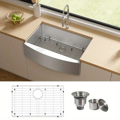 Farmhouse Sink 30 Inches Stainless Steel Apron Sinks 16 Gauge For Kitchen Front Rounded 10 Inch Deep Single Bowl Kitchen Sink With Accessories (pack Of 3) - Tools & Home Improvement - Temu Kitchen Sink Dimensions, Stainless Steel Apron Sink, Apron Sinks, Farm Style Sink, Farmers Sink, Sink With Accessories, Stainless Steel Farmhouse Sink, Kitchen Sinks Farmhouse, Kitchen Sink Stainless Steel