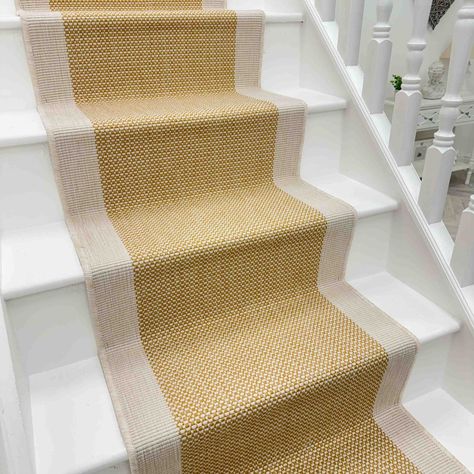 Vichy Ochre Stair Runners | Runrug Yellow Stairs, Stair Carpet Runner, Stair Rods, Weave Shop, Flat Weave Carpet, Stair Carpet, Yellow Trim, Rug Runners, Carpet Sale