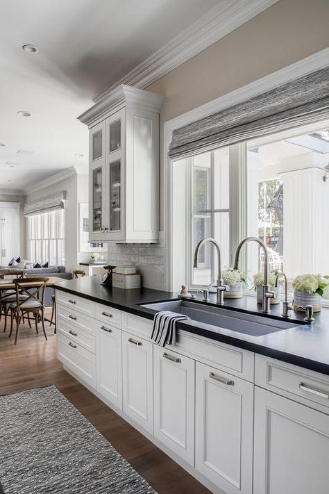 White Cabinet Black Countertop, Kitchen Black Countertop, White Cabinets Black Countertops, Leathered Granite Countertops, White Cabinets White Countertops, Black Kitchen Countertops, Black Granite Countertops, Black Countertops, Gray Kitchen